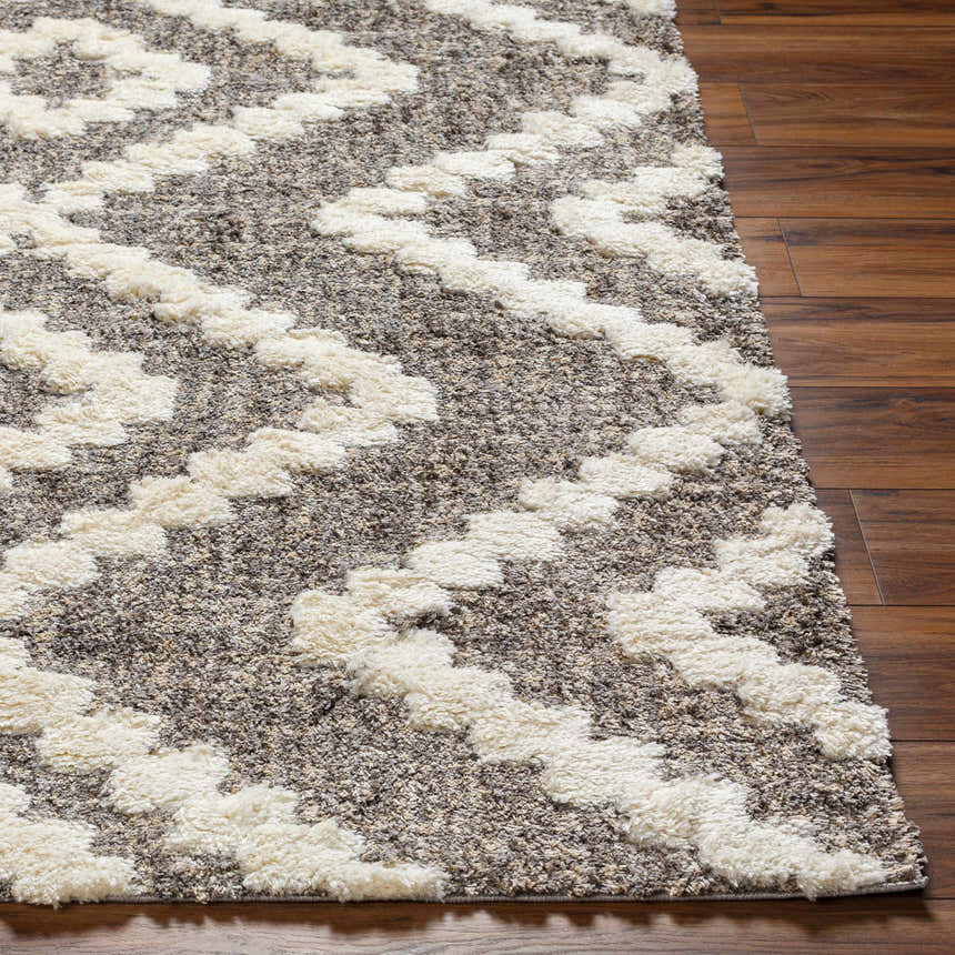 Close up of the Rian Brown Area Rug showing its bone geometric pattern and shag texture on a wood floor. Front