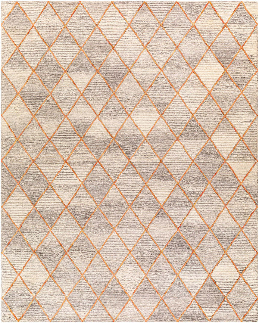 Close-up of the hand-tufted Sharpes Area Rug. Geometric diamond pattern in brown, gray, and orange wool. Contemporary style. Design-Rectangle-810