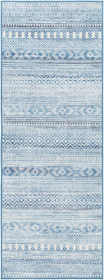 Close-up of the Gizeh Arctic Stone Washable Area Rug, featuring a blue and white geometric pattern and soft texture. Design-Runner-2773