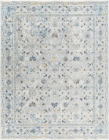 Close-up of the Irida Area Rug. Traditional style rug in dark gray, denim, and nutmeg floral pattern. Clearance item. Design-Rectangle-710103