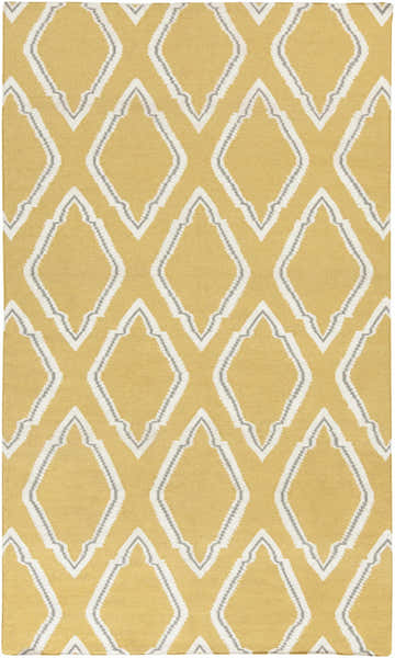 Close-up of the Shubert Area Rug, a hand-woven wool runner with a cream and gray diamond pattern on a mustard background. Design-Rectangle-58