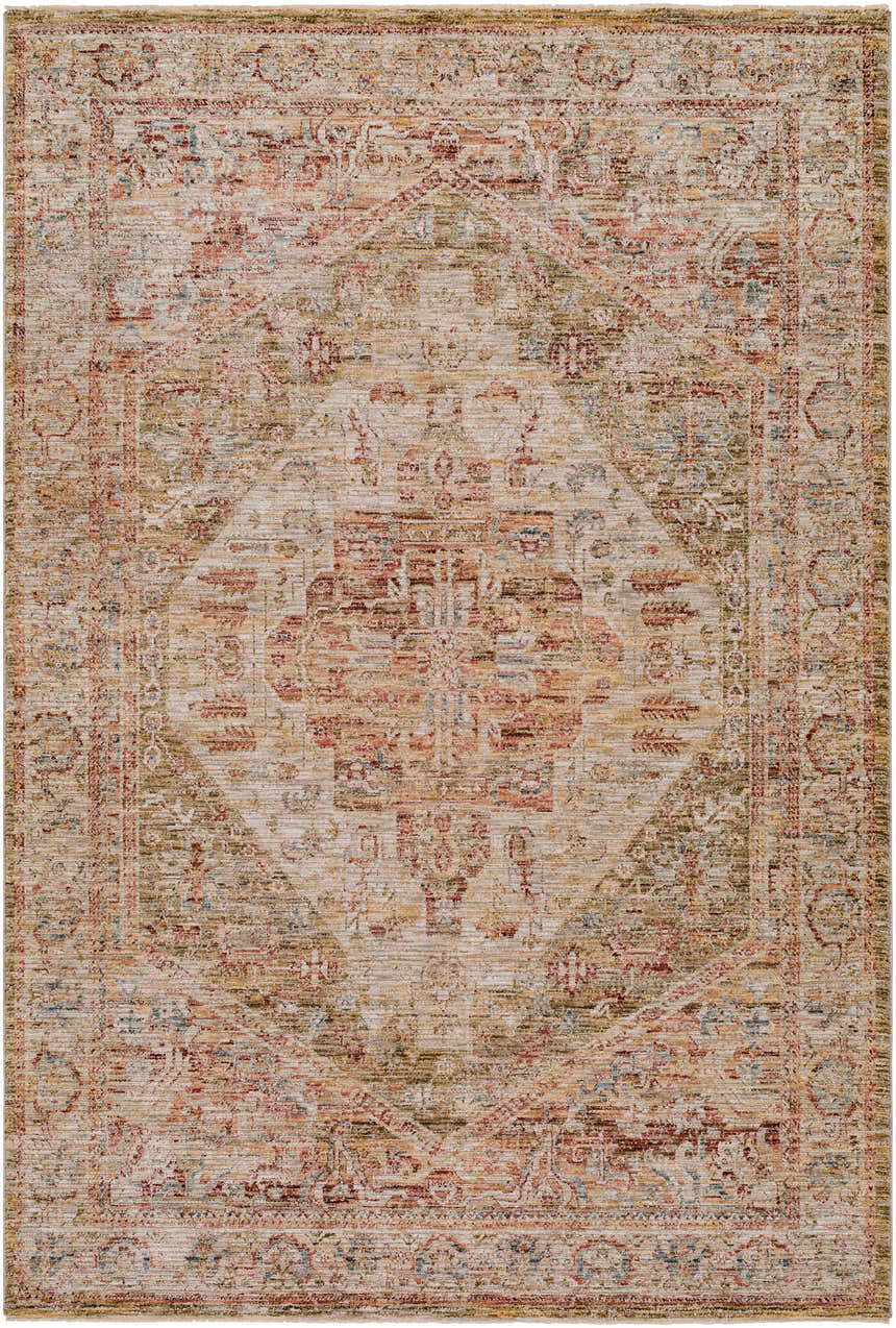 Close-up of the Alois Tan Rich Textured Traditional Rug, featuring bone, clay, and walnut colors in a farmhouse style pattern. Design-Rectangle-575