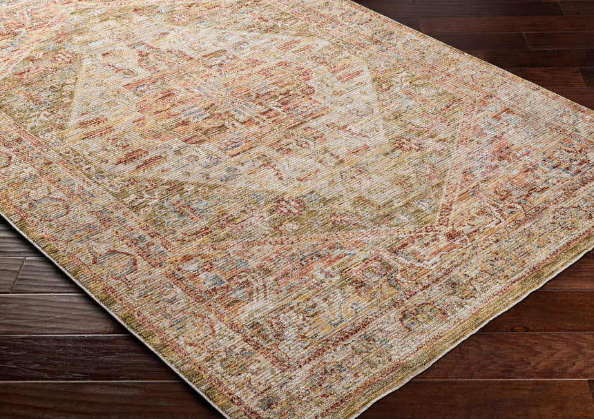 Close-up of the Alois Tan Rich Textured Traditional Rug showing bone, clay, and dark gray colors on a dark wood floor. Corner