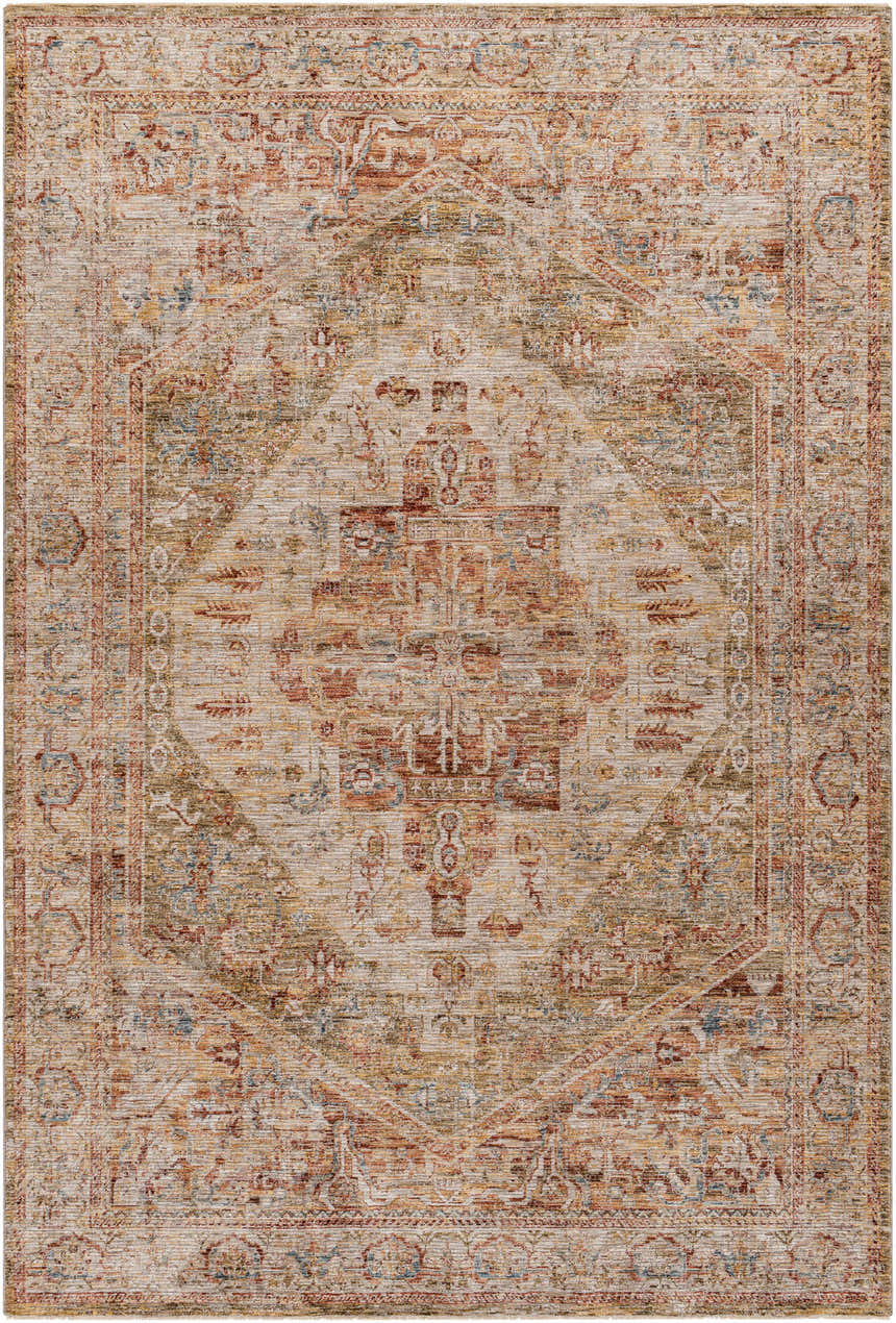 Close-up of the Alois Tan Rich Textured Traditional Rug, featuring bone, clay, and walnut tones in a classic pattern. Design-Rectangle-6796