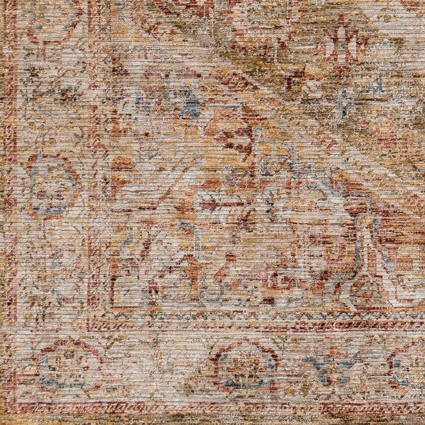 Close-up of the Alois Tan Rich Textured Traditional Rug, showcasing its bone, clay, and dark gray colors and farmhouse style. Swatch