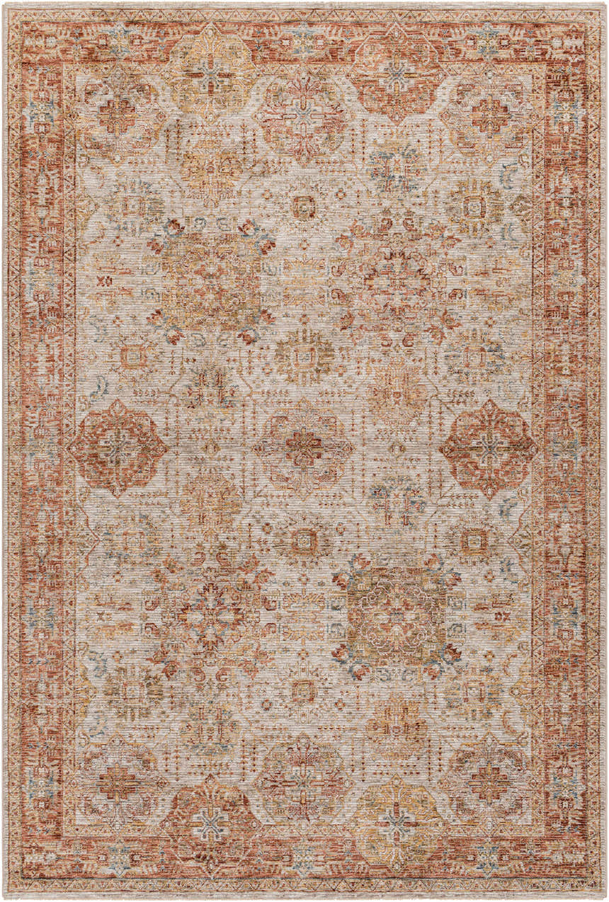 Close-up of the Ange Rust Rich Textured Traditional Rug, showcasing its bone, clay, and dark brown colors. Design-Rectangle-6796