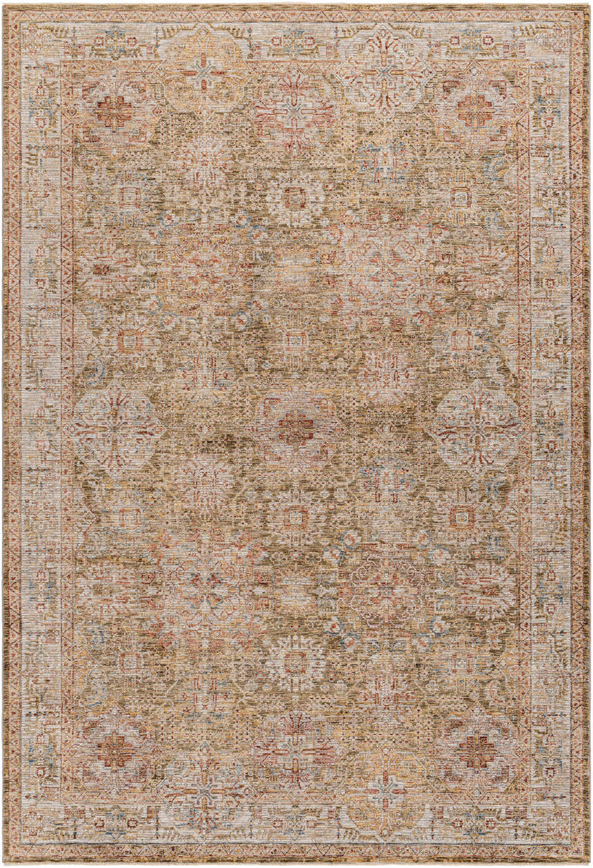 Close-up of the Ange Tan Rich Textured Traditional Rug, showcasing its bone, clay, and walnut colors and farmhouse style. Design-Rectangle-6796