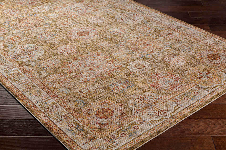 Close-up of the Ange Tan Rich Textured Traditional Rug, showcasing its bone, clay, and walnut colors and farmhouse style. Corner