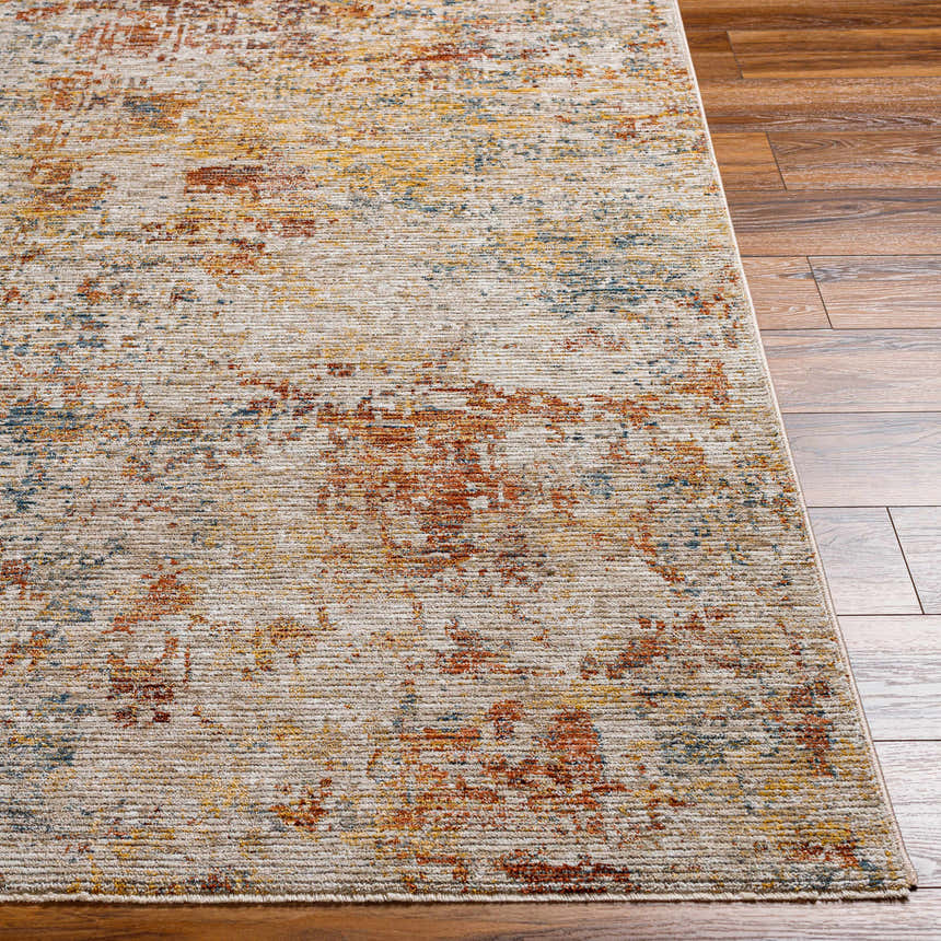 Close-up of the Chas Tan Rich Textured Traditional Rug showing bone, clay, dark gray, and white thatch colors. Front