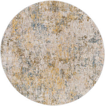 Close-up of a round Chas Beige Rich Textured Traditional Rug, showing bone, clay, driftwood, taupe, and walnut colors. Design-Round-67