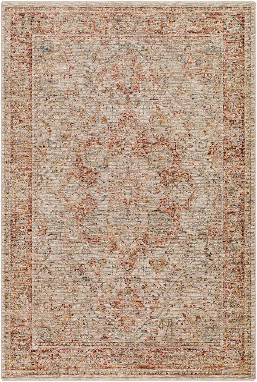 Close-up of the Cress Rust Rich Textured Traditional Rug with clay, dark brown, and light peach colors. Design-Rectangle-575