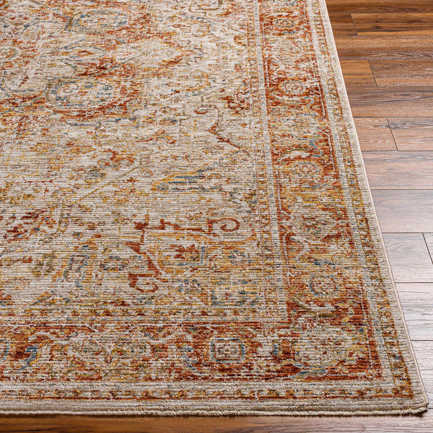 Close-up of the Cress Rust Rich Textured Traditional Rug showing clay, brown, and peach colors. Front