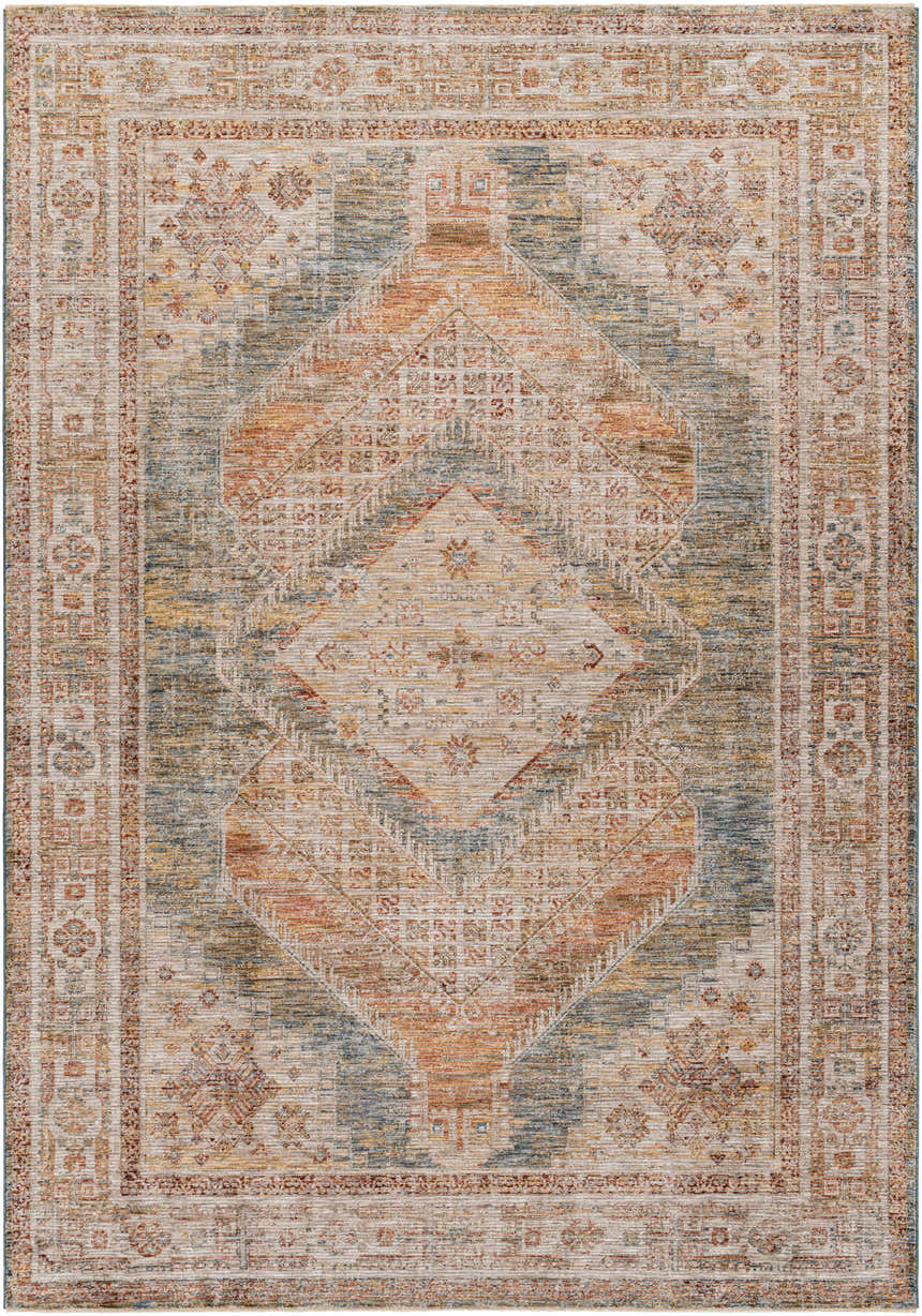 Close-up of the Moya Cream Rich Textured Traditional Rug, featuring a bone, clay, and dark gray geometric pattern. Design-Rectangle-6796