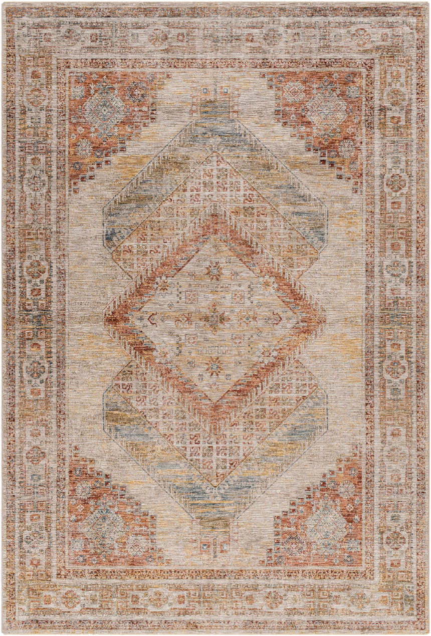 Detailed view of the Moya Tan Rich Textured Traditional Rug with bone, clay, and brown geometric patterns. Design-Rectangle-6796