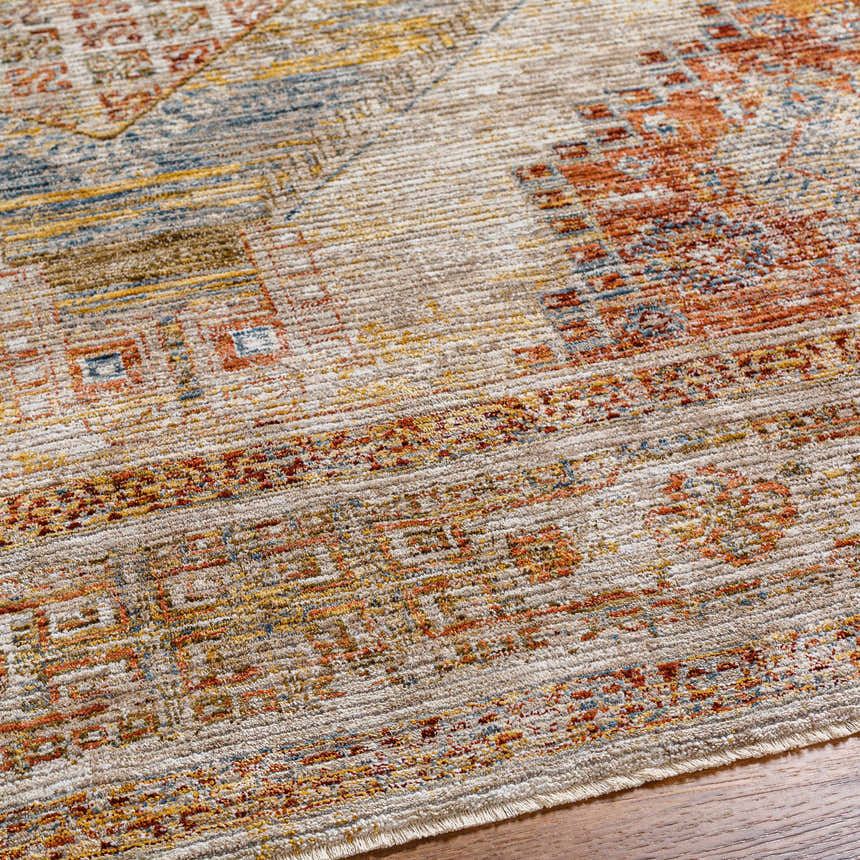 Close-up of the Moya Tan rug showing its rich texture, traditional pattern, and colors: bone, clay, brown, and gray. Texture