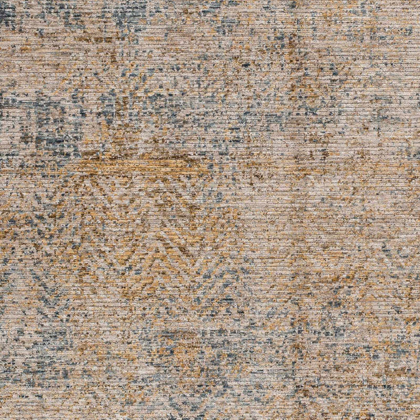 Close-up of the textured Sava Tan Rich Textured Rug. Features bone, dark brown, eggplant, taupe, and white thatch colors. Swatch