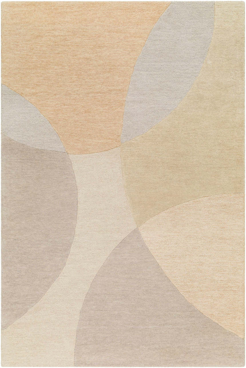 Close-up of the Cassiopeia Light Brown & Beige Area Rug. A contemporary wool rug with curved shapes in beige, brown, and gray tones. Design-Rectangle-576