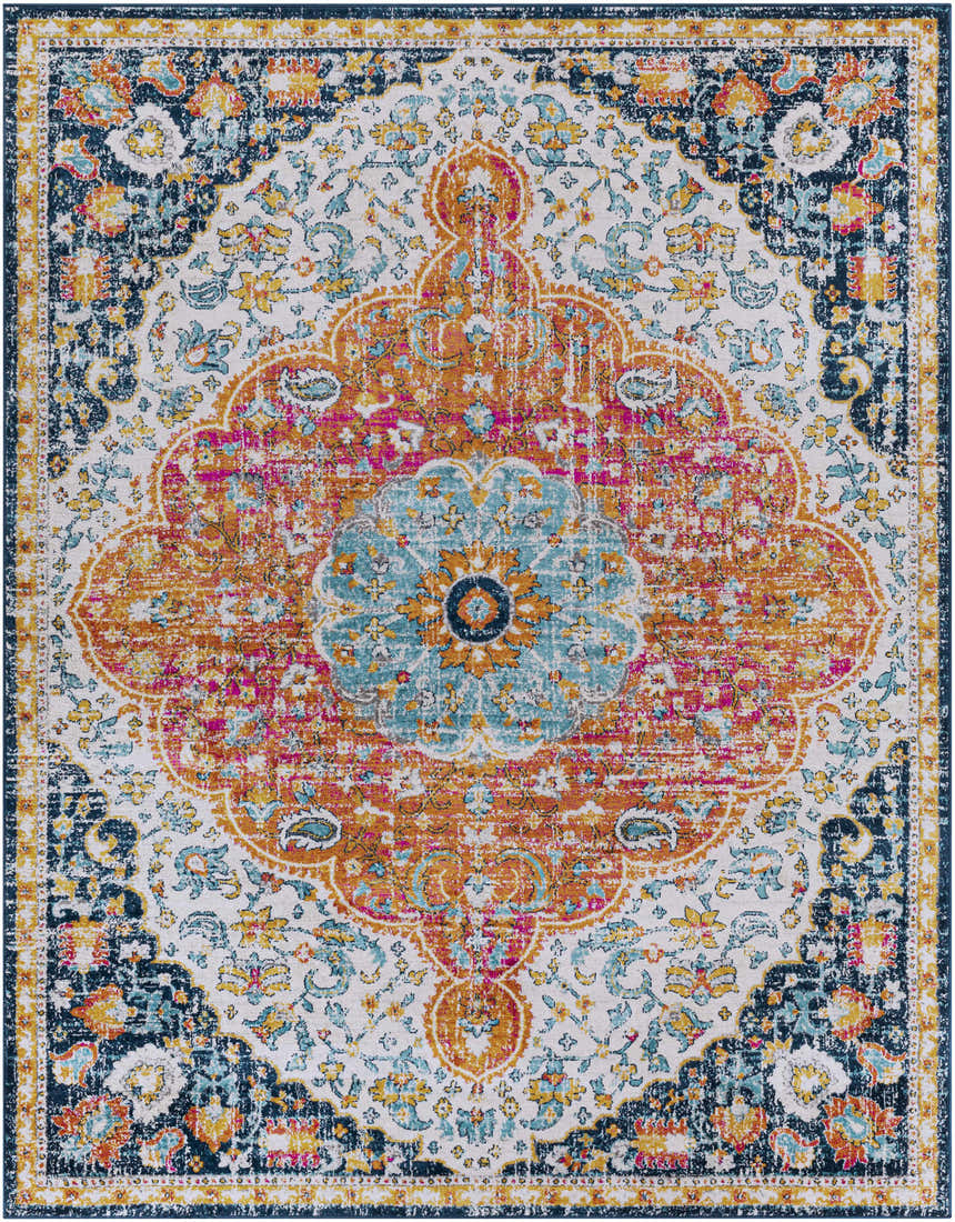 Detailed Silkstone Area Rug with a traditional oriental pattern in aqua, cream, orange, saffron, dark blue, and fuchsia. Design-Rectangle-71010