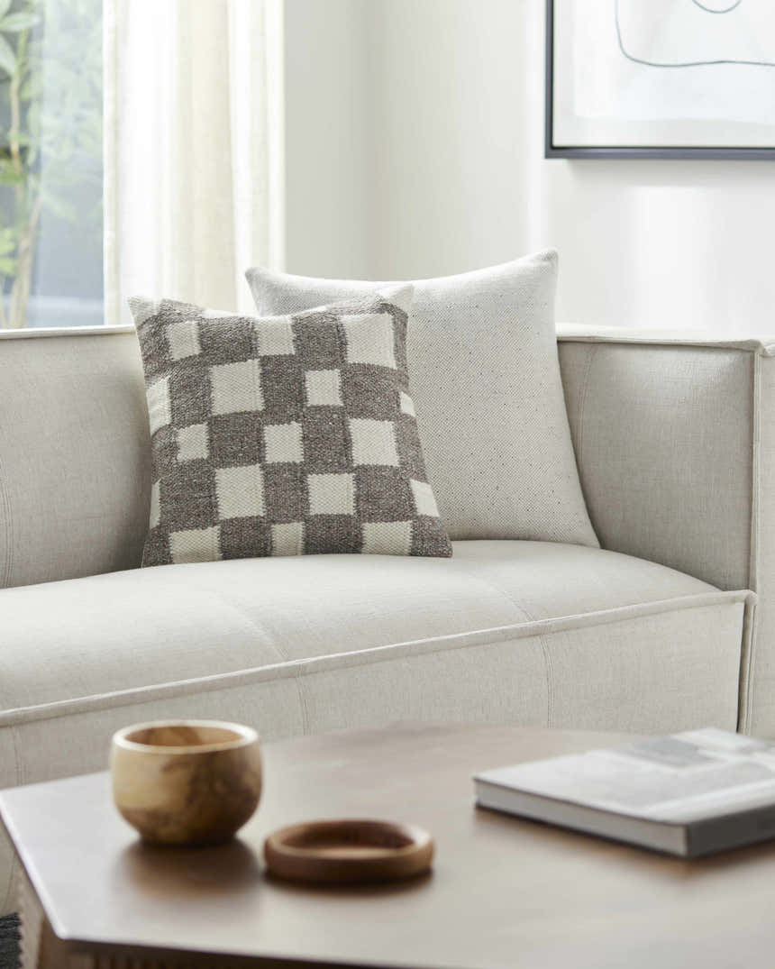 Tavik Taupe and Ivory Square Pattern Modern Wool Accent Pillow - Clearance
