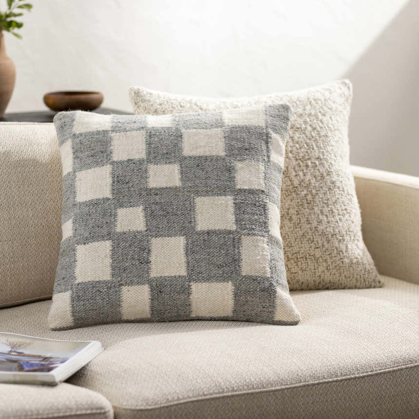 Metra Pewter and Ivory Square Pattern Modern Wool Accent Pillow - Clearance