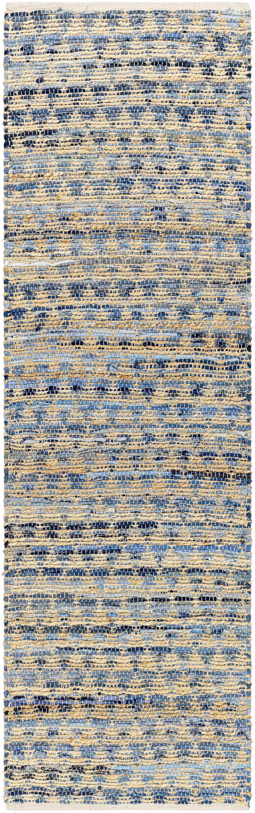 Close-up of the hand woven Colm Recycled Blue Jean Rug, featuring horizontal stripes of denim blue and natural fiber. Design-Runner-268
