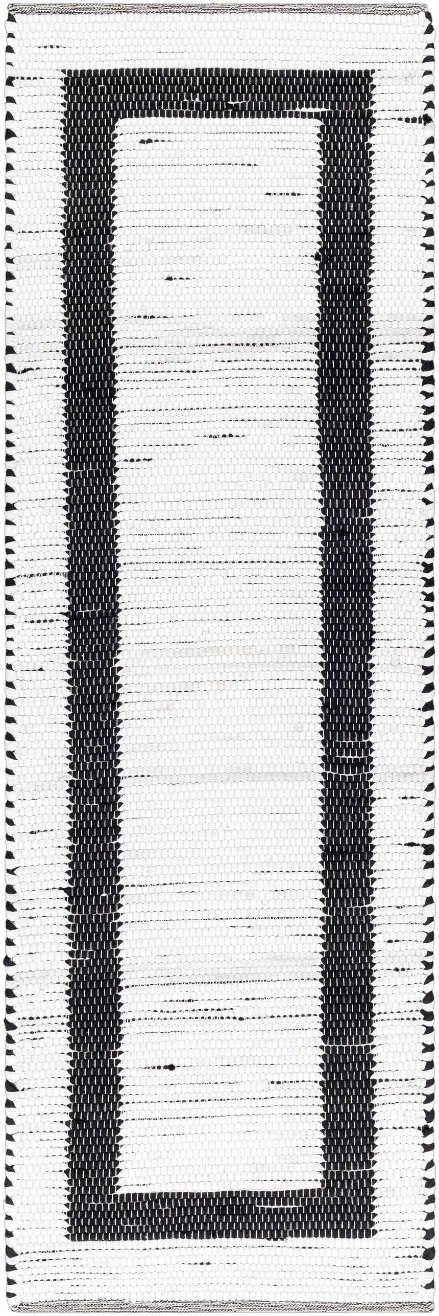 Close-up of the hand woven Jaden Area Rug. Charcoal and off white rug with a contemporary rectangular design. Design-Runner-268