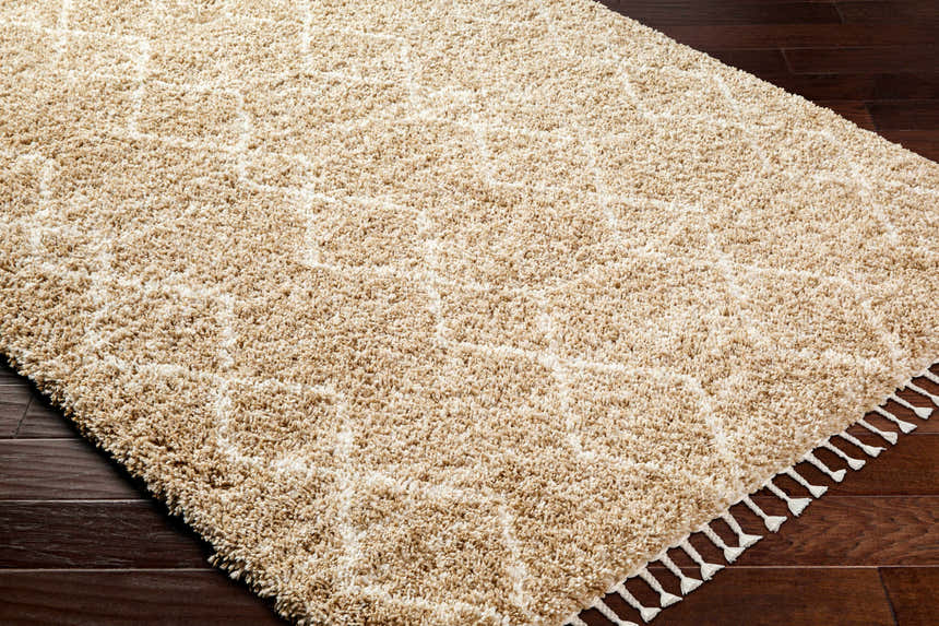 Close-up of the Ishan Area Rug in lambswool. Shag texture with geometric pattern and white tassels. Corner