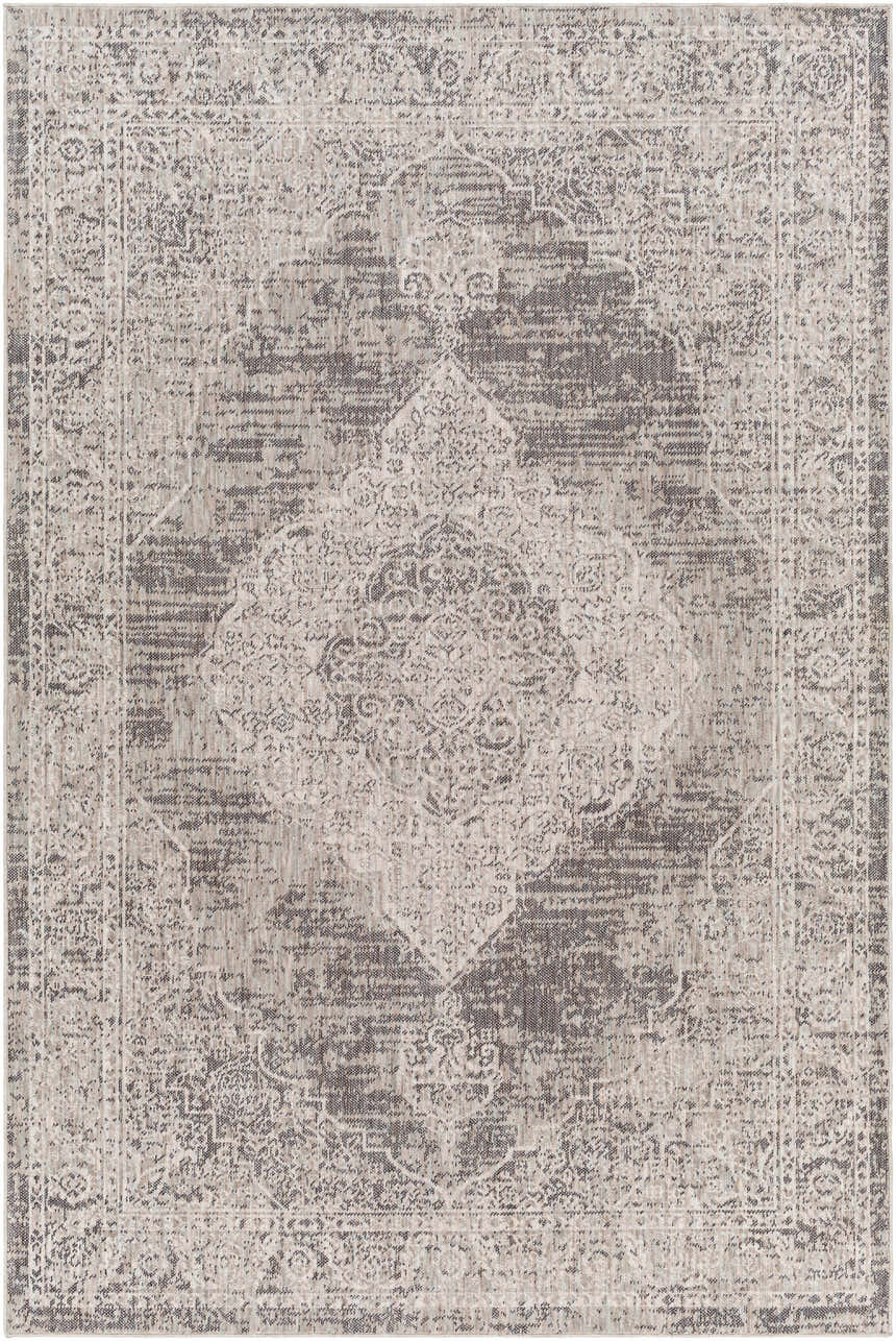 Close-up of the Azibo Area Rug. Traditional, farmhouse style in shades of gray, taupe, and brown. Machine woven, rectangle shape. Design-Rectangle-537