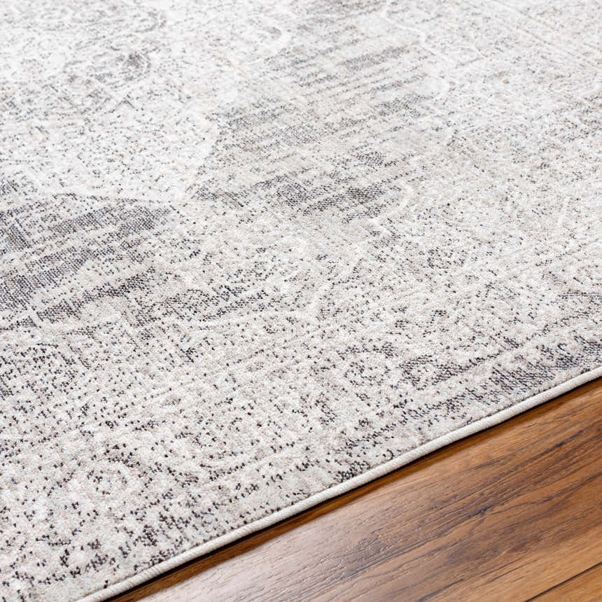 Close-up of the Azibo Area Rug showing its light gray, taupe, and black traditional pattern and soft texture on a wood floor. Texture