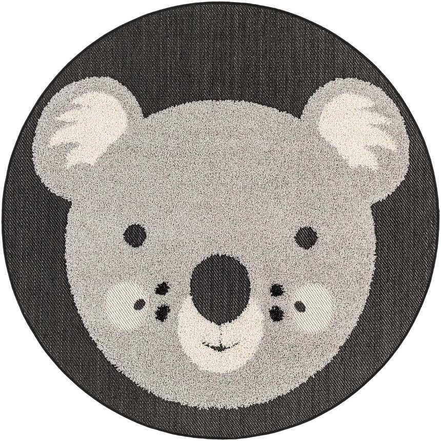Close-up of a round Kids Koala Animal Print Nursery Area Rug in gray, brown, and black. Features a cute koala face design. Design-Round-53