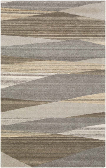 Close-up of the Forum Taupe Modern Wool Rug, featuring a contemporary design with beige, brown, and gray horizontal stripes. Design-Rectangle-58