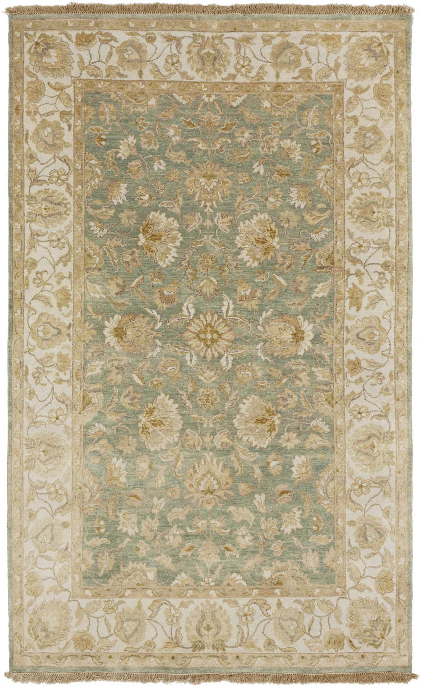 Hand knotted Skipwith Area Carpet in green and cream with traditional floral design and fringe. Design-Rectangle-58