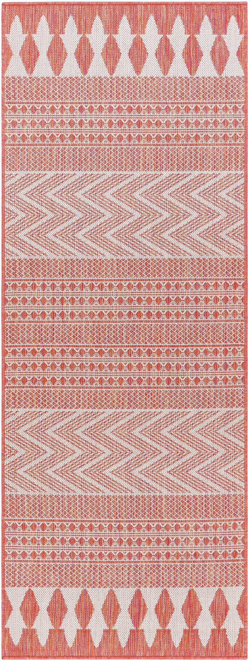 Close-up of the Asif Orange Area Rug, a machine-woven rug with brown, red, and lambswool geometric patterns. Design-Runner-2773