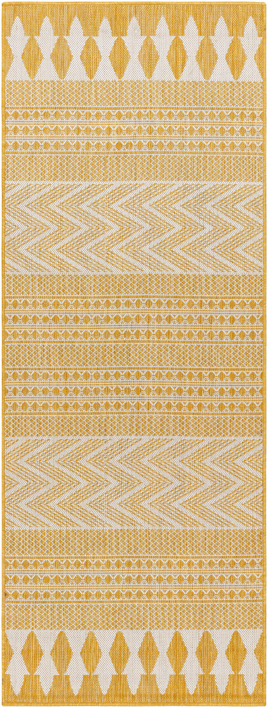 Close-up of Asif Mustard Area Rug featuring a geometric pattern in beige and mustard hues. Farmhouse style. Design-Runner-2773