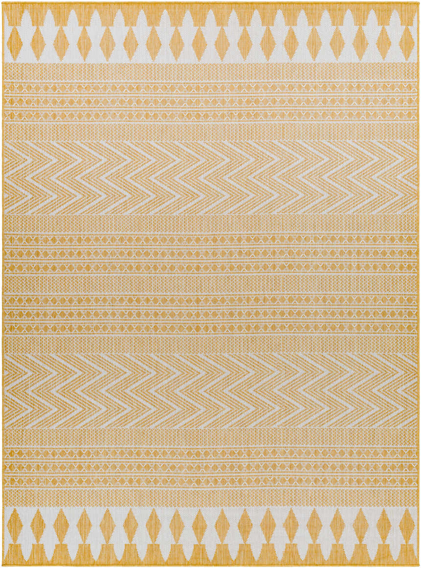 Close-up of the Asif Mustard Area Rug showing its geometric, farmhouse-style pattern in beige, bone, and mustard tones. Design-Rectangle-679