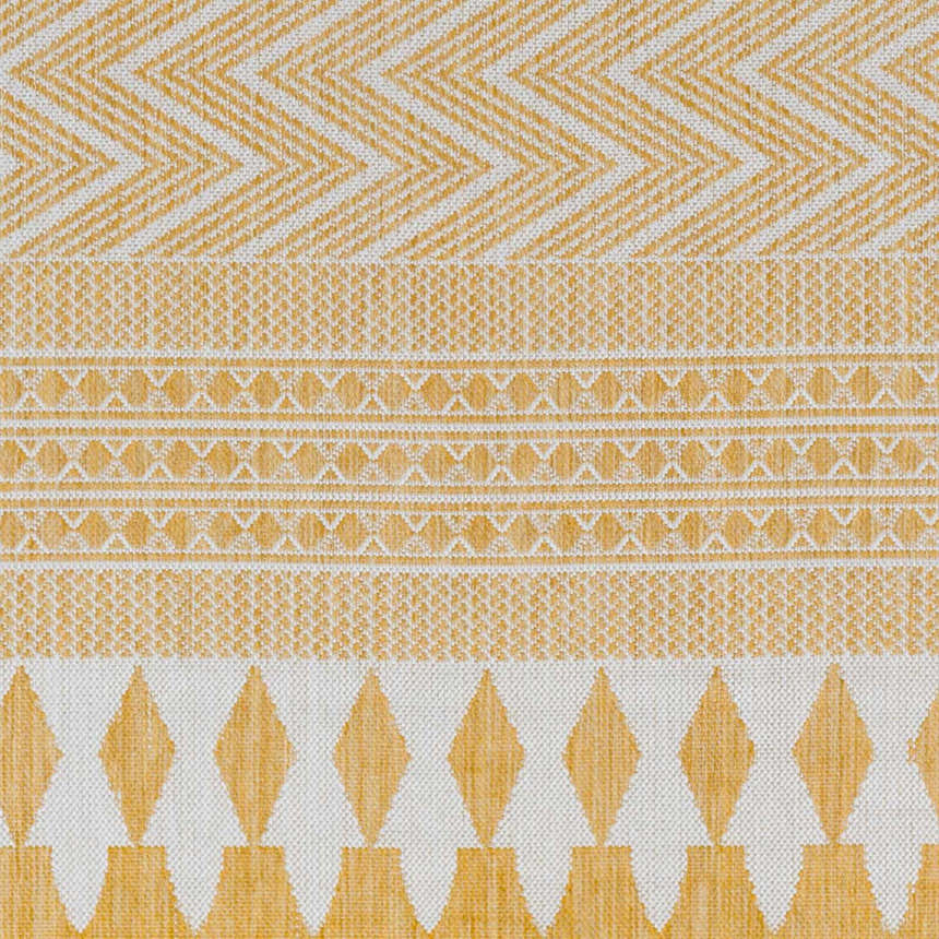 Close-up of the Asif Mustard Area Rug showing its geometric pattern, textured weave, and beige and mustard color palette. Swatch