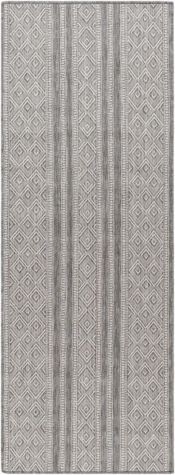 Close-up of the Cyan Area Rug, a machine-woven rug with a diamond pattern in charcoal, light gray, and off-white. Design-Runner-2773
