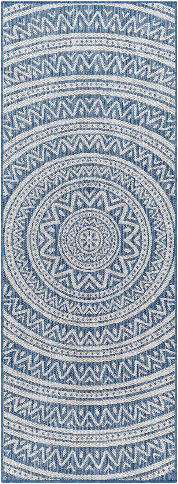 Close-up of Naim Blue Area Rug with a geometric medallion pattern in denim blue, slate blue, and silver gray. Design-Runner-2773