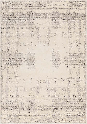 Close-up of the Cosma Area Rug in bone with a dark gray, distressed farmhouse pattern. Design-Rectangle-537