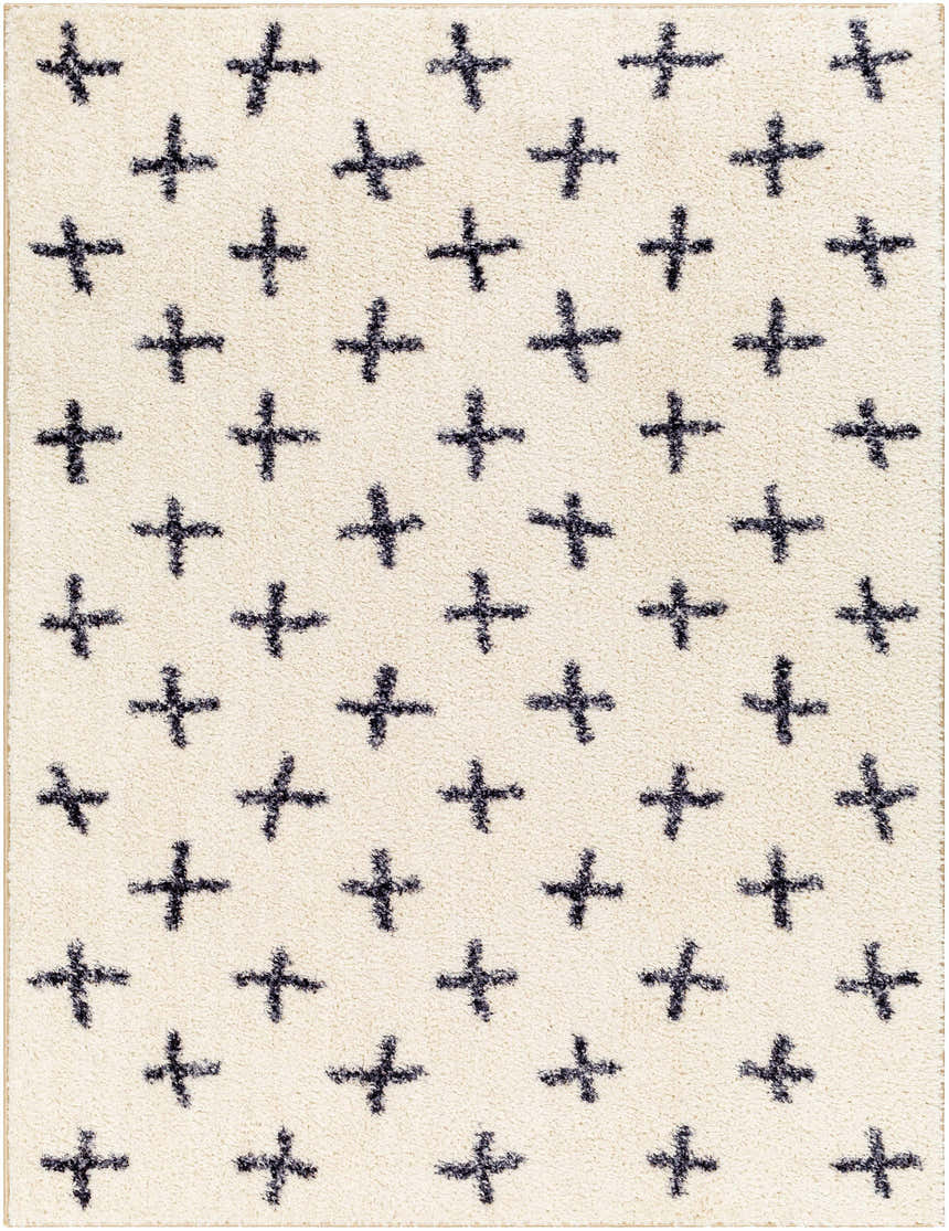 Close-up of the Bede Washable Area Rug - Clearance, featuring a beige base with a charcoal plus sign geometric pattern. Design-Rectangle-537