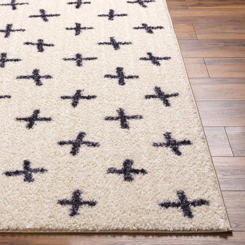 Close-up of the Bede Washable Area Rug in beige with a charcoal plus sign geometric pattern and soft, shag texture. Front
