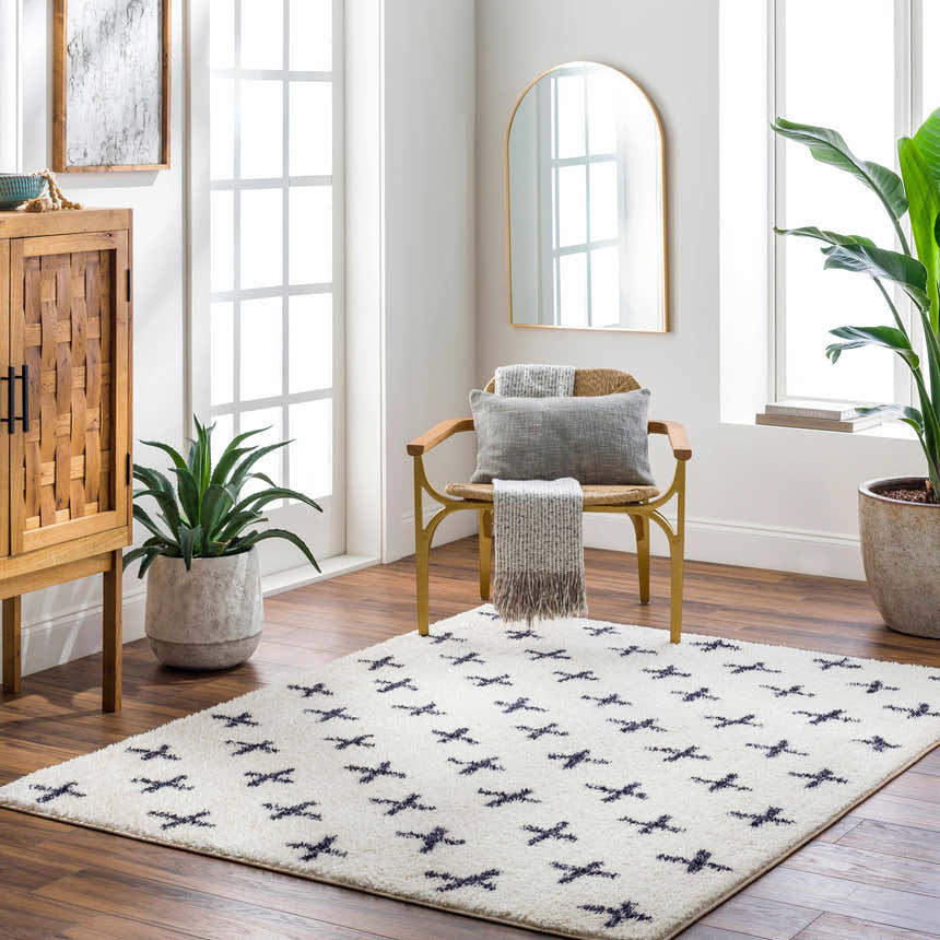 Bright living room with a Bede Washable Area Rug, beige shag with charcoal geometric cross pattern. Roomscene-Rectangle
