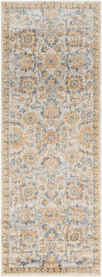 Close-up of the Dion Washable Floral Rug, featuring a traditional floral pattern in driftwood, navy, and orange on a light gray background. Design-Runner-2773