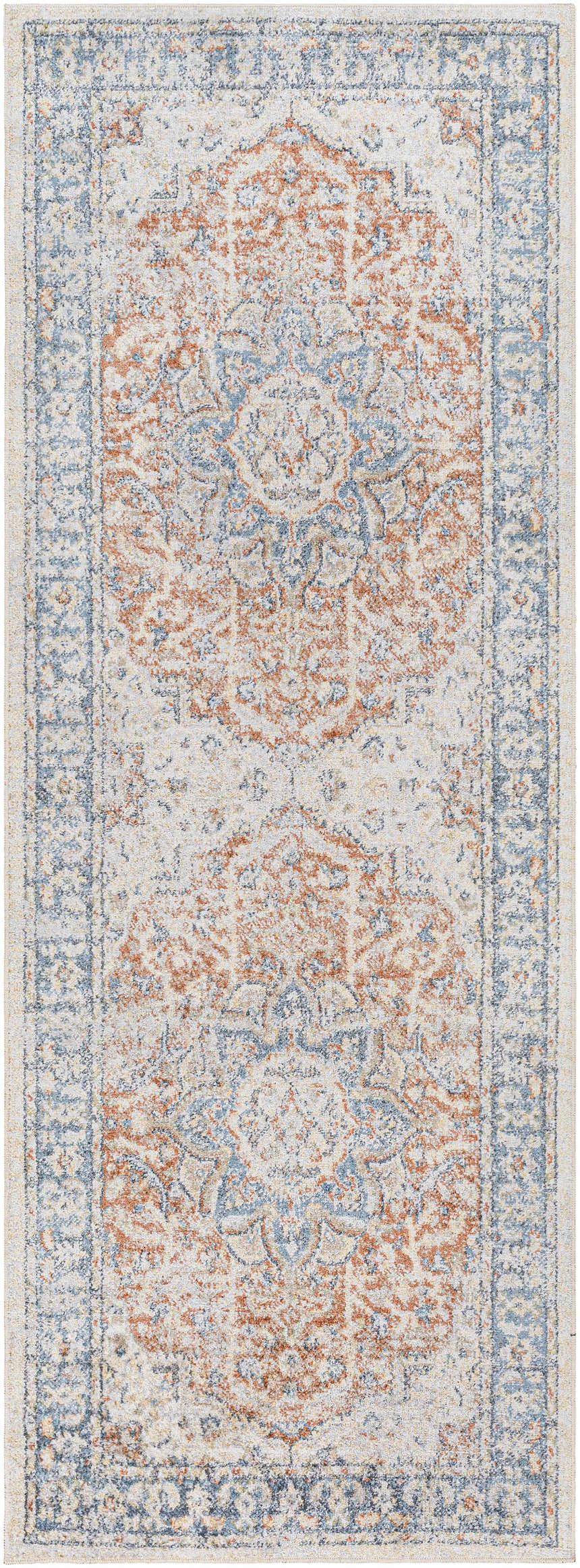 Close-up of the Emke Rust Washable Area Rug, featuring a traditional faded driftwood and nutmeg floral pattern. Design-Runner-2773