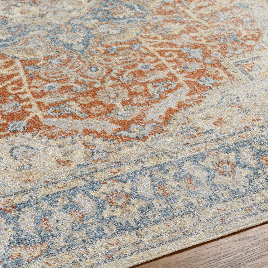 Close-up of the Emke Rust Washable Area Rug, showcasing its traditional, faded driftwood, nutmeg, and dark beige pattern and texture. Texture