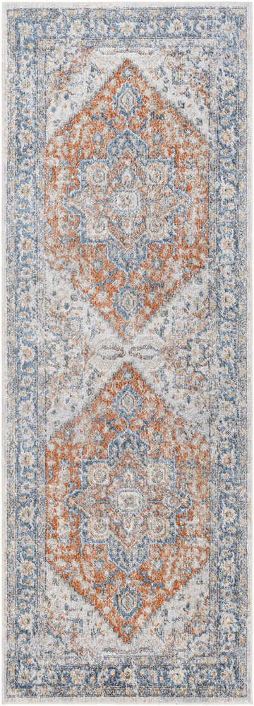 Close-up of the Ezri Rust Washable Area Rug featuring a traditional design with dark red, navy, and gray hues. Design-Runner-2773