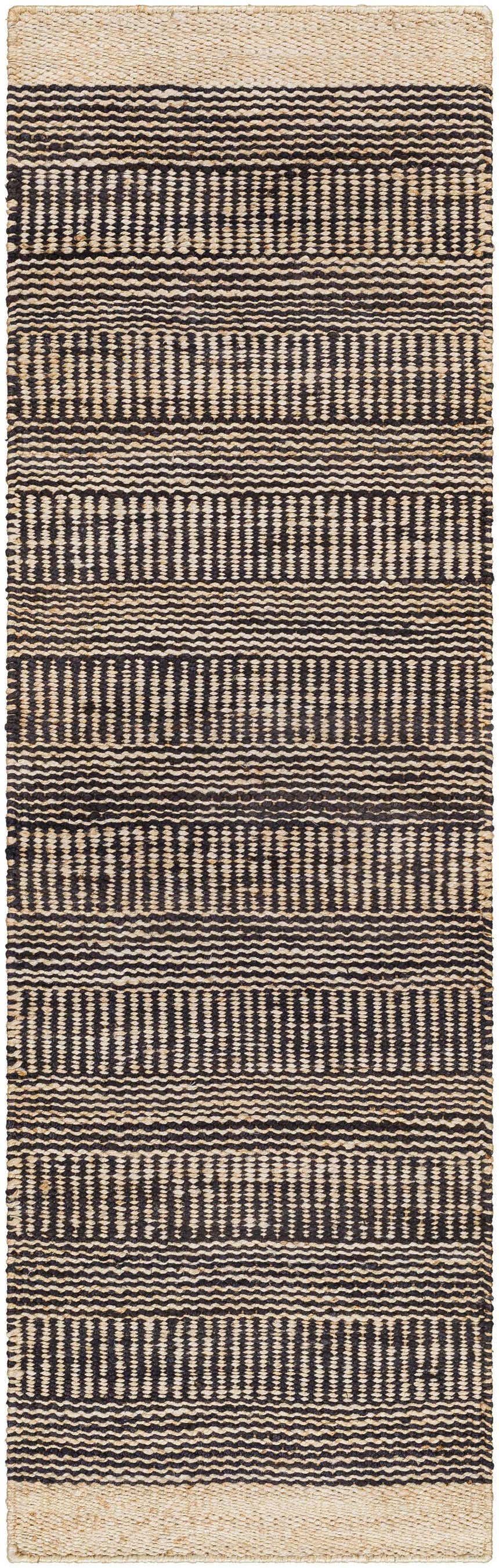 Close-up of the Black Elle Area Rug featuring a geometric, hand-woven design in black and natural jute. Design-Runner-268