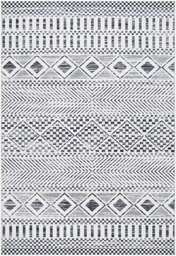 Close-up of the Sanyu Washable Area Rug. Gray and off-white rug with a geometric, farmhouse-style pattern. Design-Rectangle-576