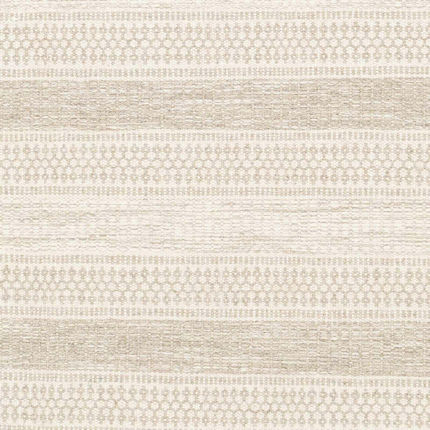 Close-up of the Silverthorne Wool Area Rug. Cream and medium gray rug with a striped pattern and woven texture. Swatch
