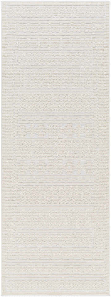 Close-up of the Bahar Cream Washable Area Rug. Features a subtle geometric pattern and soft, textured bone and off-white tones. Design-Runner